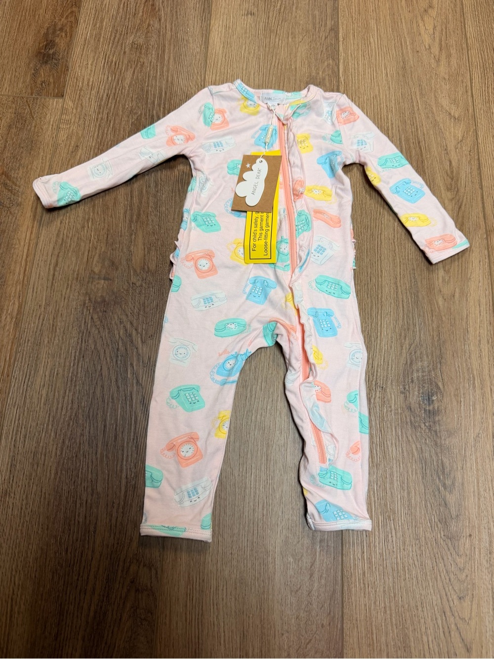 Angel Dear Retro Telephone Ruffle Footless Romper Bamboo Baby Girl 6-12M NWT